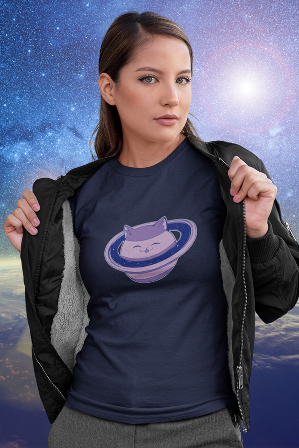 Cosmic Cat Planet Printed T-Shirt For Women - WowWaves