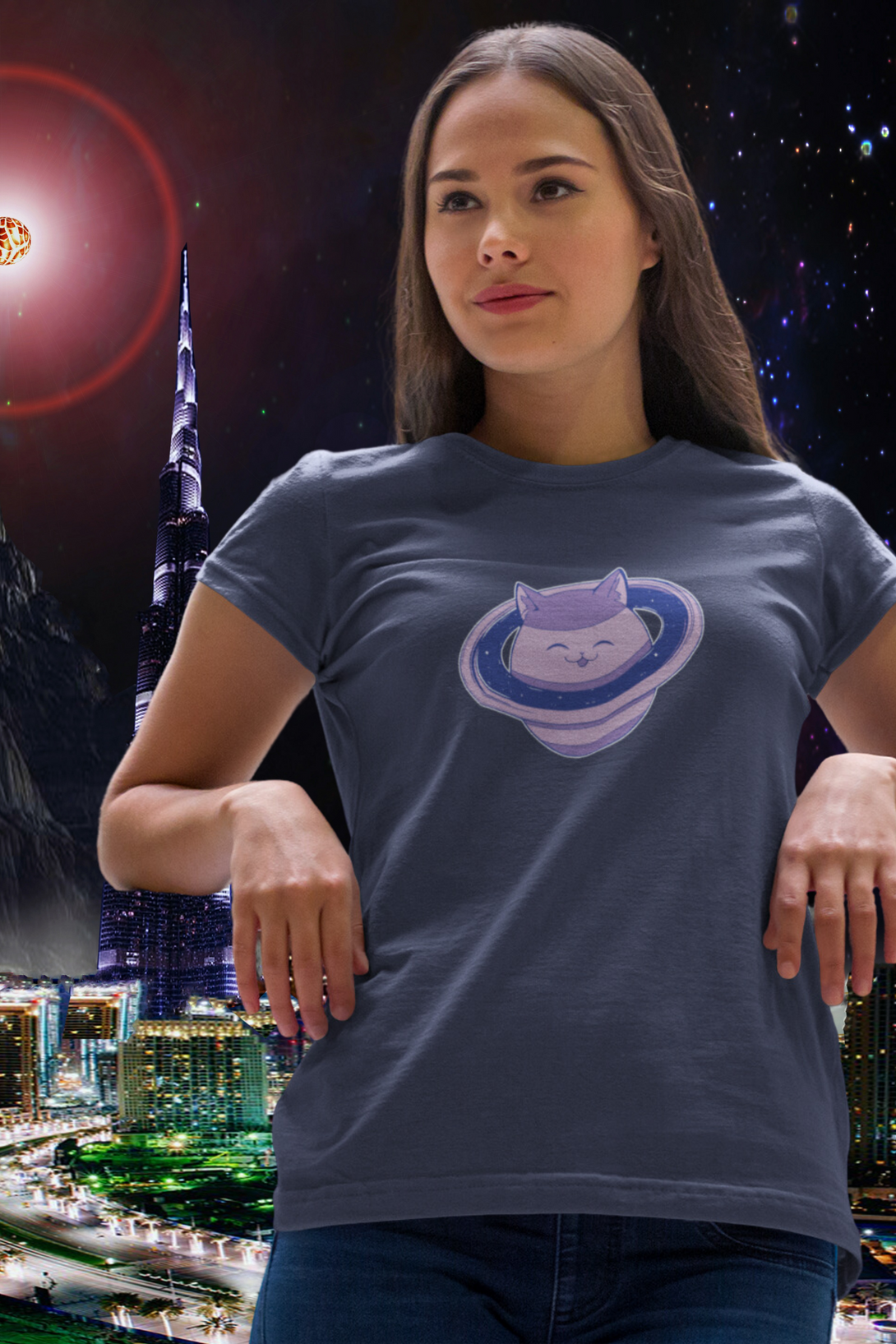 Cosmic Cat Planet Printed T-Shirt For Women - WowWaves - 4