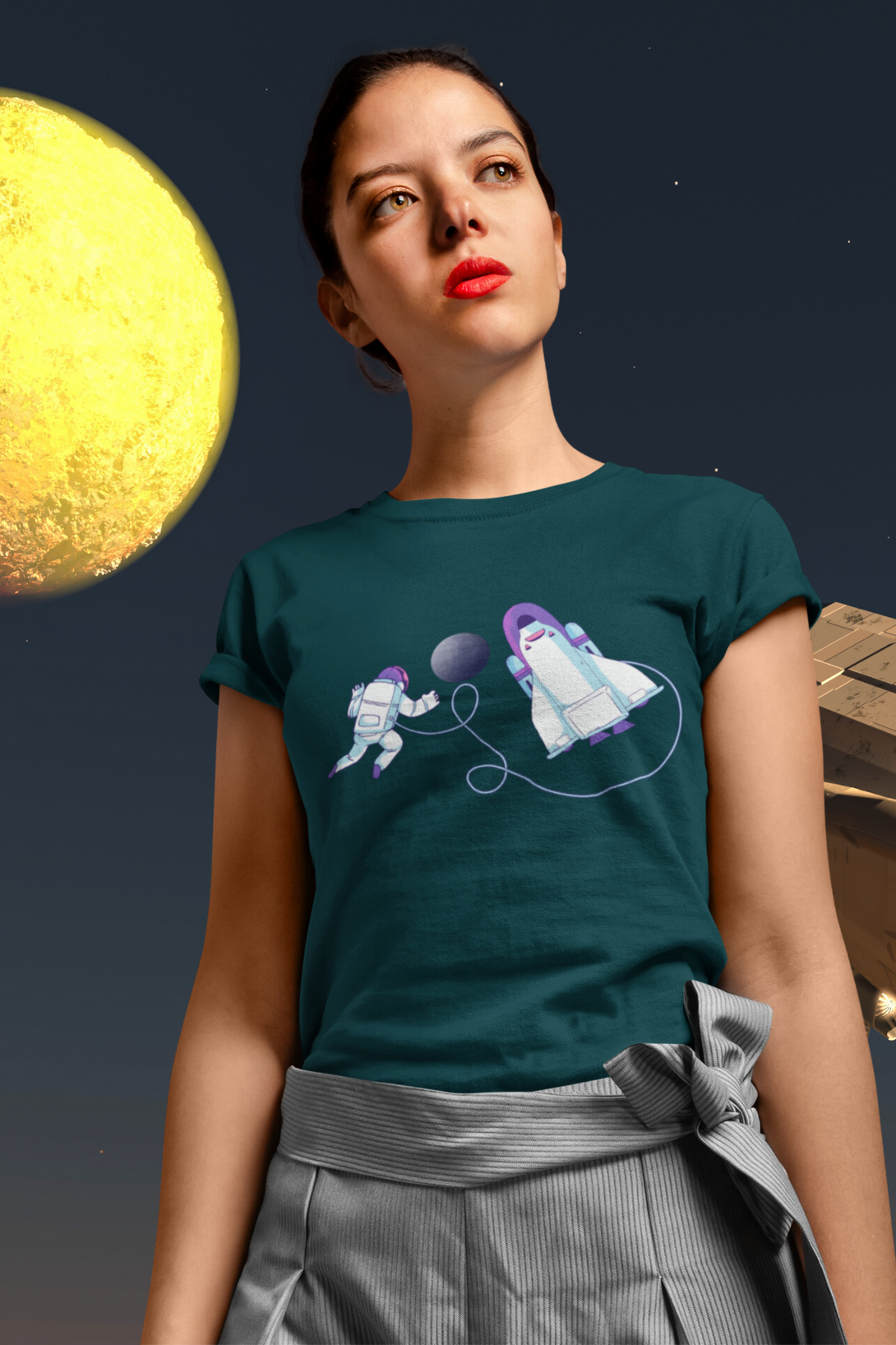 Cosmic Spacewalk Printed T-Shirt For Women - WowWaves - 4