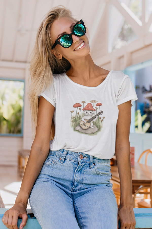Cottagecore Cat Printed Scoop Neck T-Shirt For Women - WowWaves