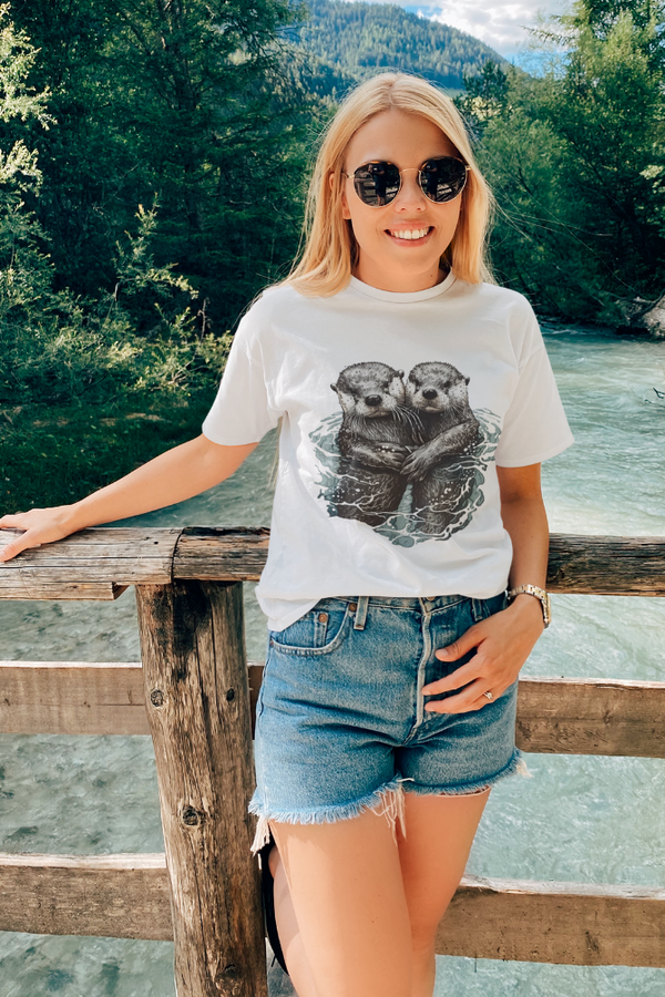 Otters Swimming White Printed T-Shirt For Women - WowWaves