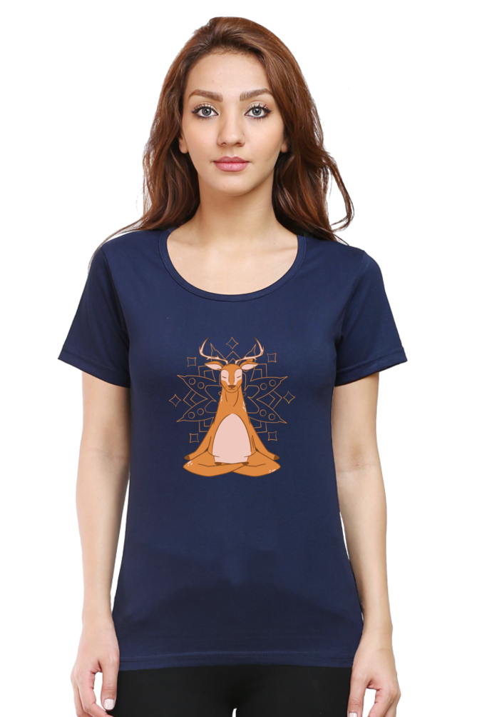 Mandala Art Yoga Deer Printed Scoop Neck T-Shirt For Women - WowWaves - 13