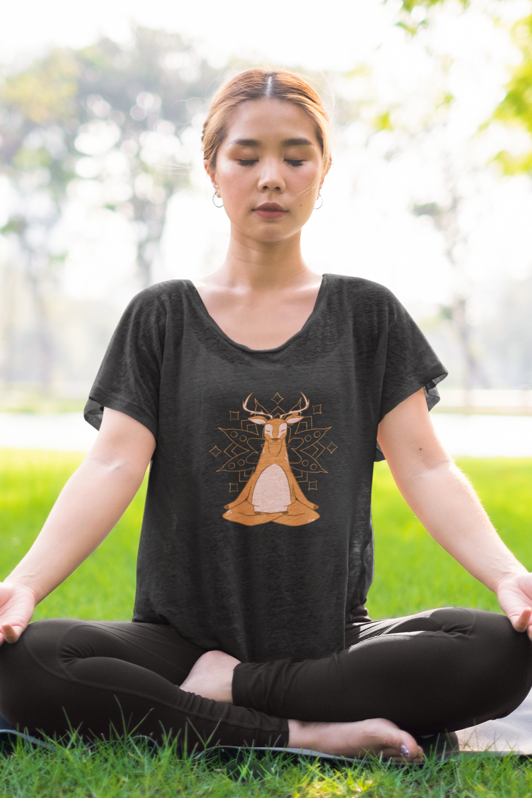 Mandala Art Yoga Deer Printed Scoop Neck T-Shirt For Women - WowWaves - 7