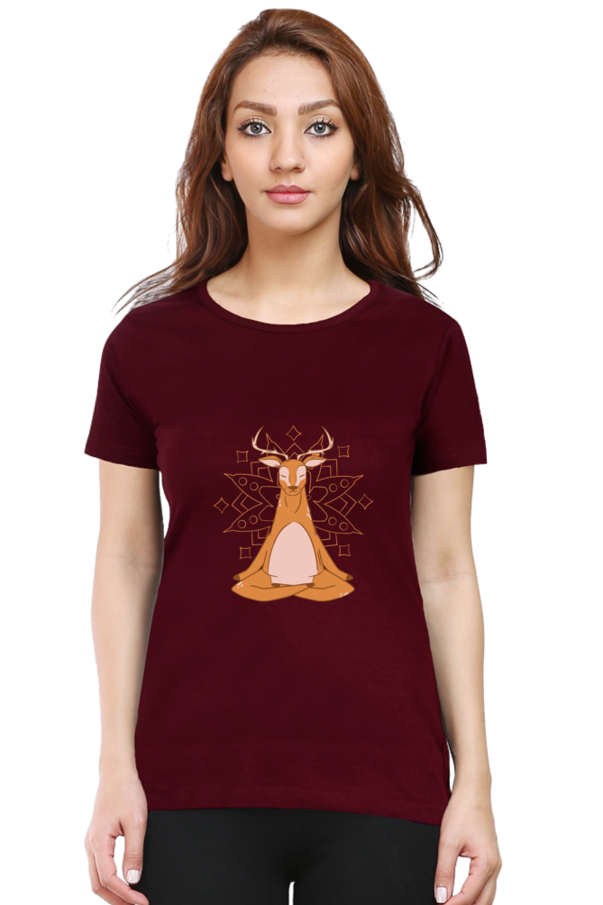 Mandala Art Yoga Deer Printed Scoop Neck T-Shirt For Women - WowWaves - 12