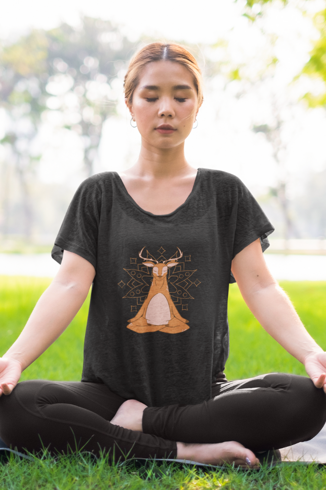 Mandala Art Yoga Deer Printed Scoop Neck T-Shirt For Women - WowWaves - 6