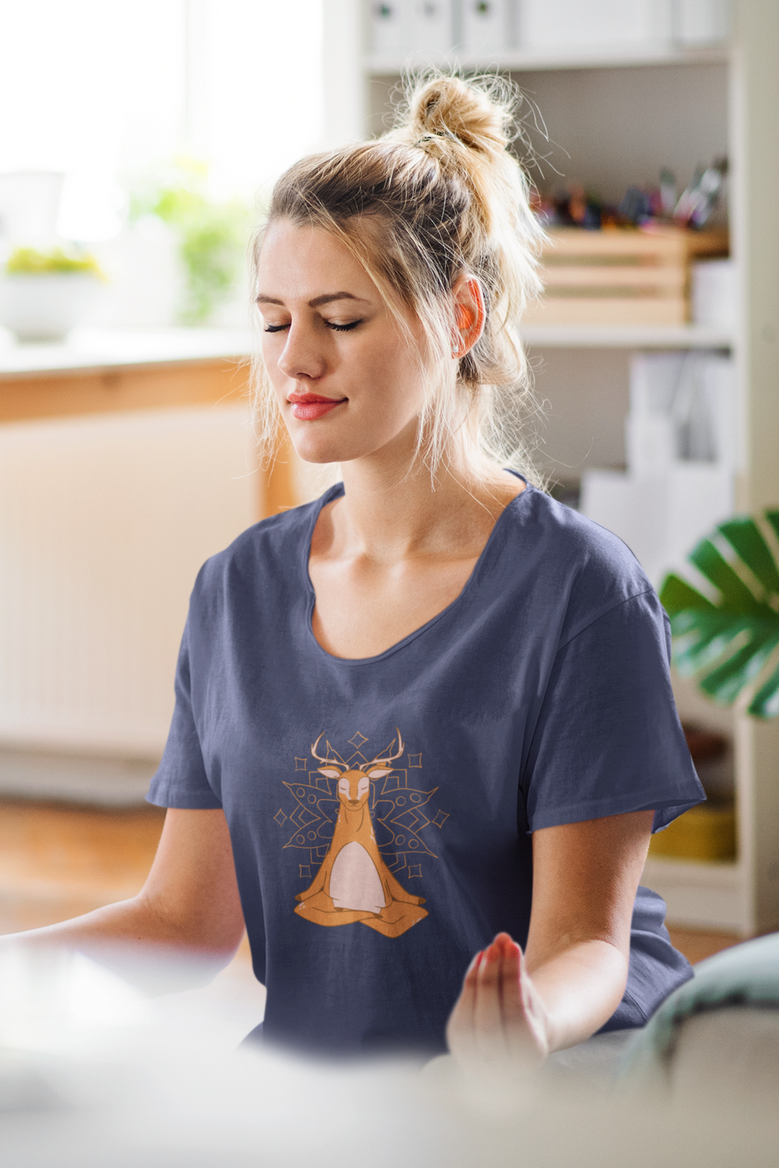 Mandala Art Yoga Deer Printed Scoop Neck T-Shirt For Women - WowWaves - 5