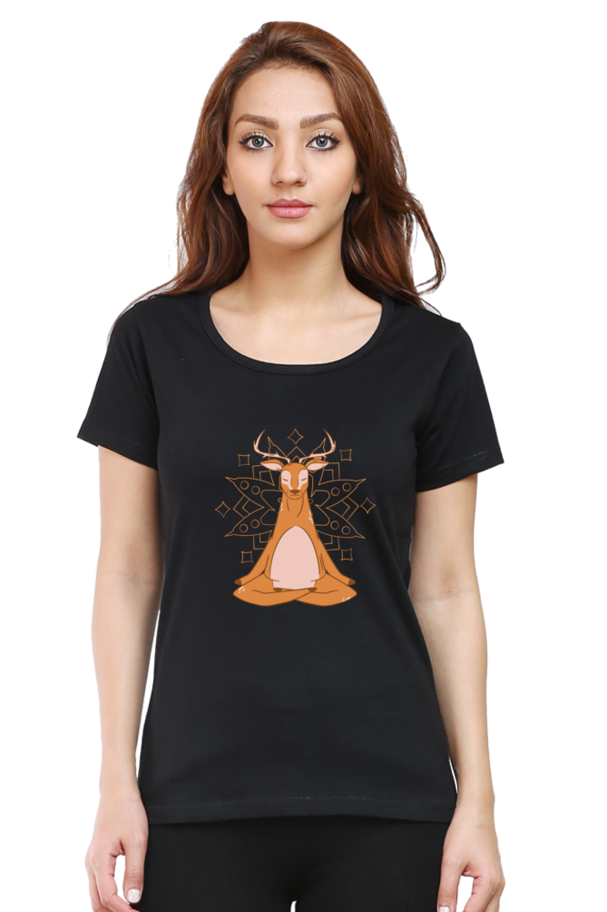 Mandala Art Yoga Deer Printed Scoop Neck T-Shirt For Women - WowWaves - 11