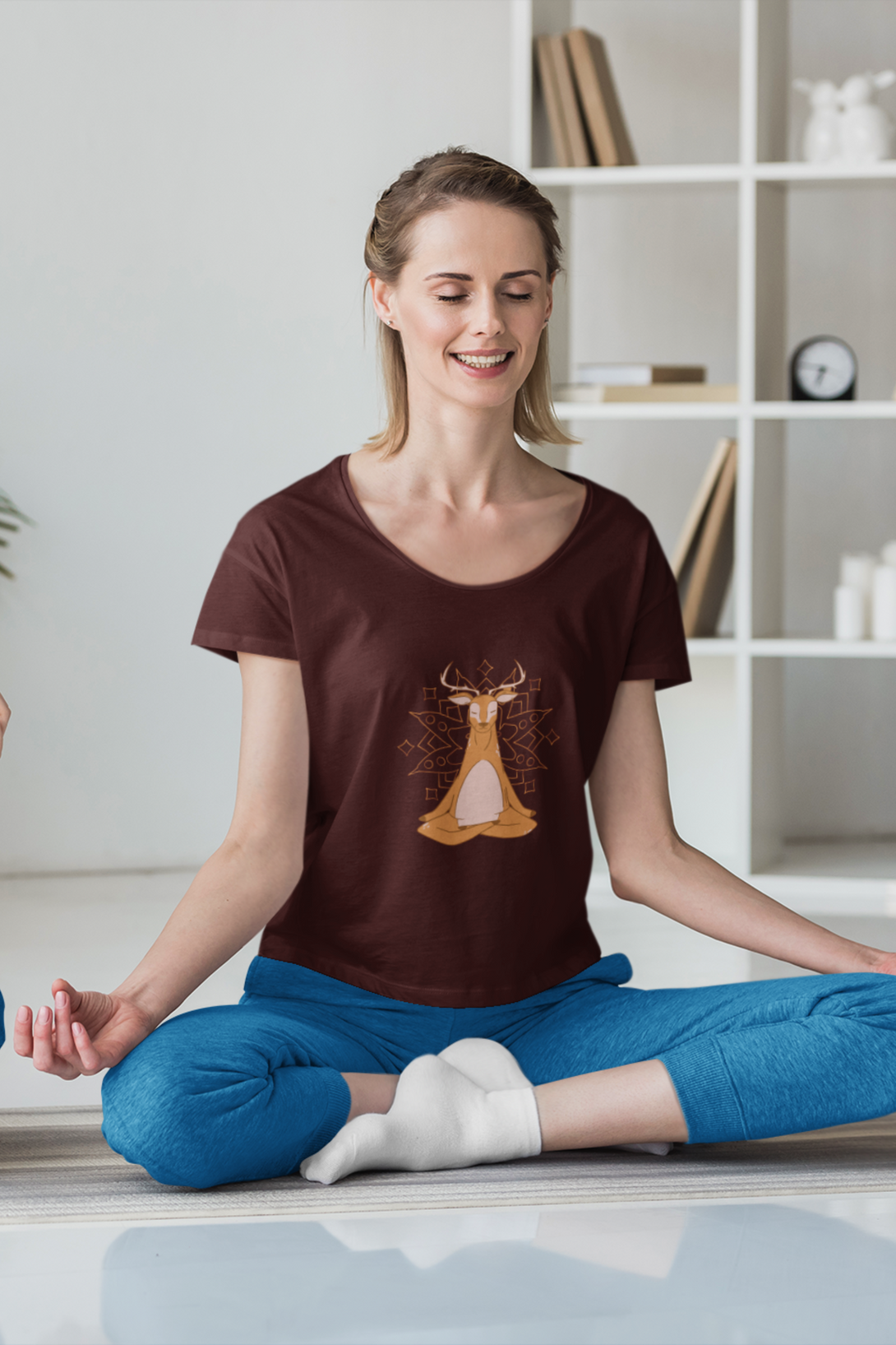 Mandala Art Yoga Deer Printed Scoop Neck T-Shirt For Women - WowWaves - 8