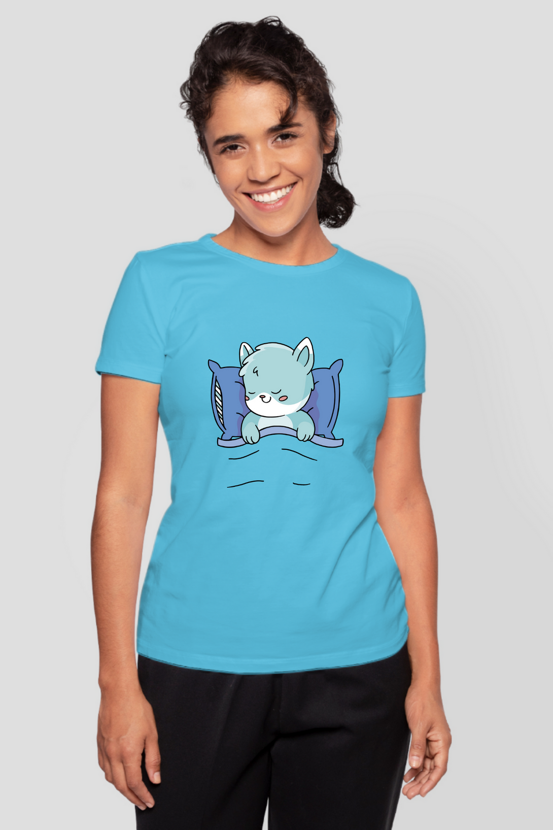 Cute Sleeping Cat Printed T-Shirt For Women - WowWaves - 9