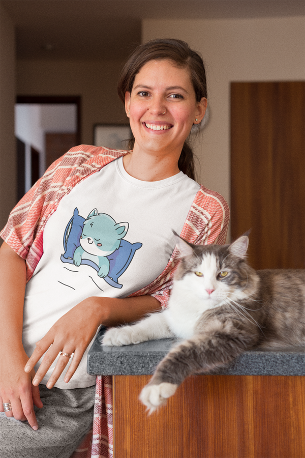 Cute Sleeping Cat Printed T-Shirt For Women - WowWaves