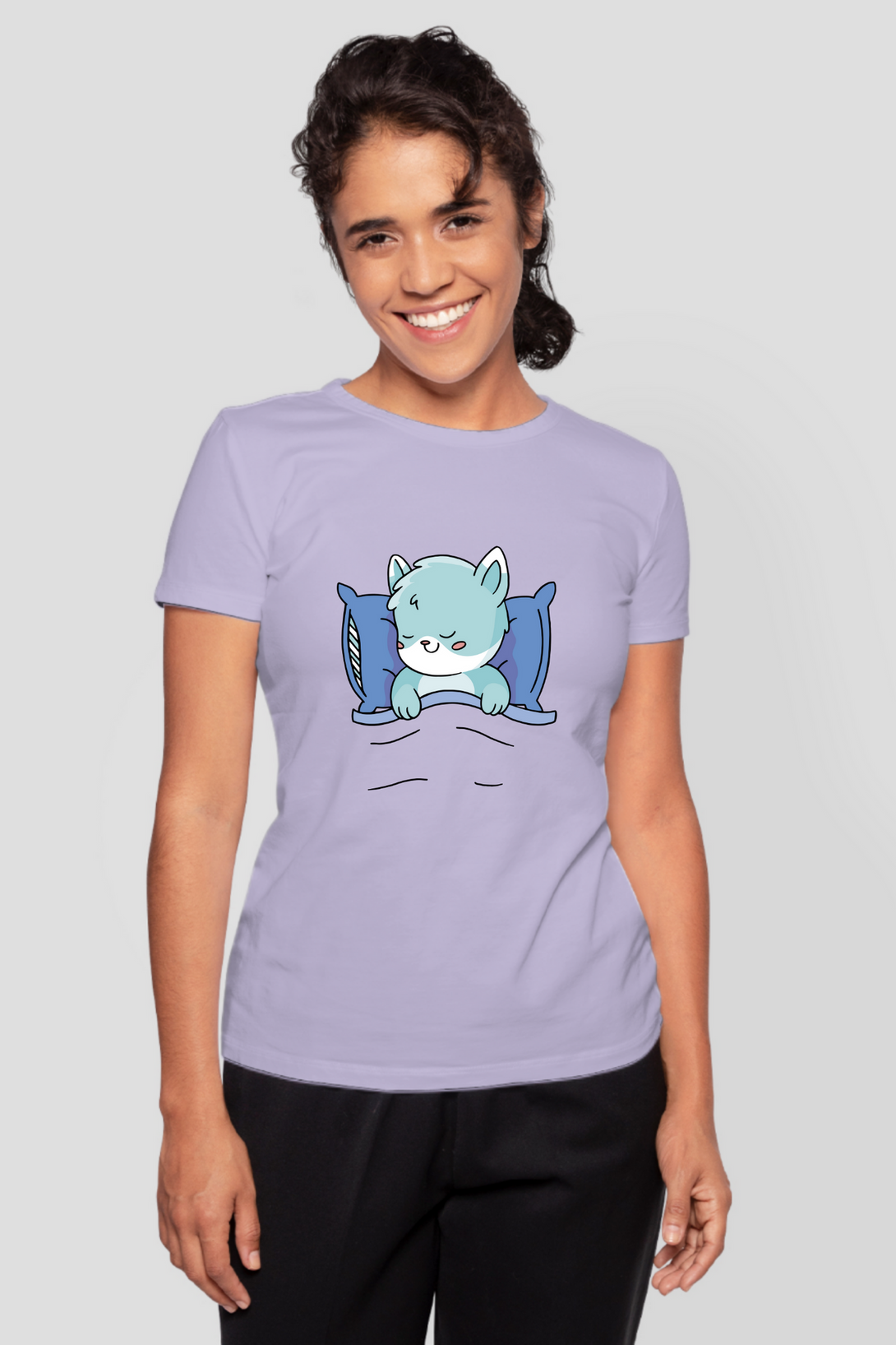 Cute Sleeping Cat Printed T-Shirt For Women - WowWaves - 8
