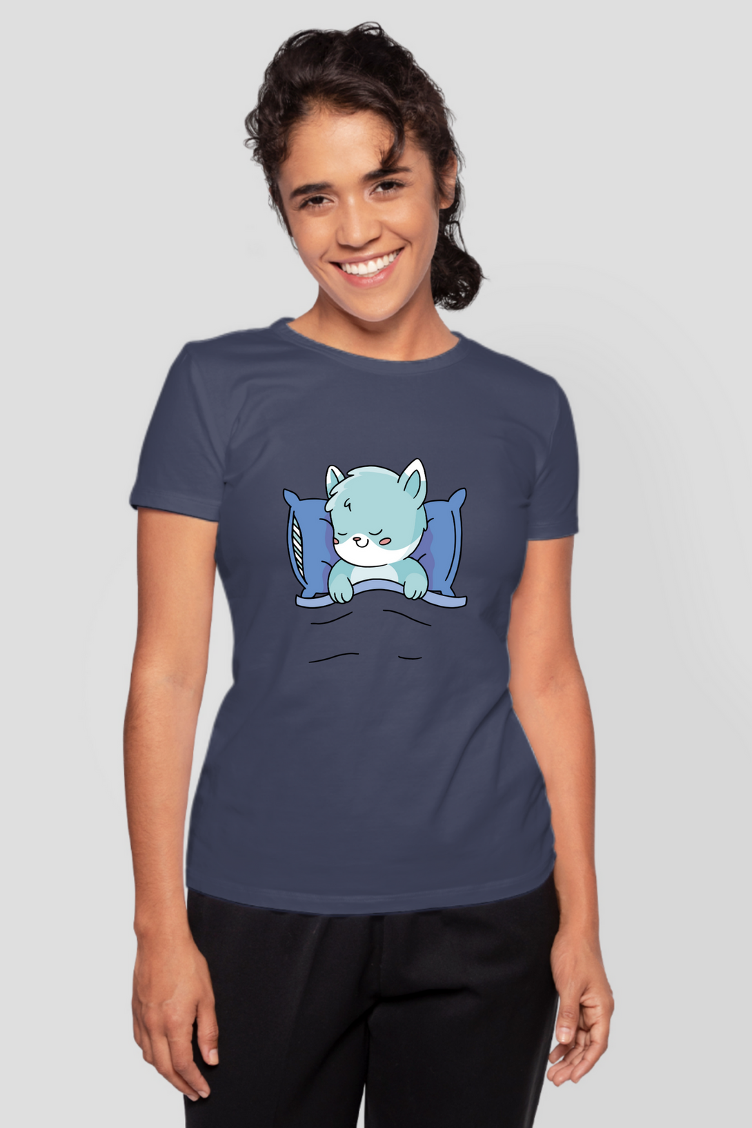 Cute Sleeping Cat Printed T-Shirt For Women - WowWaves - 12