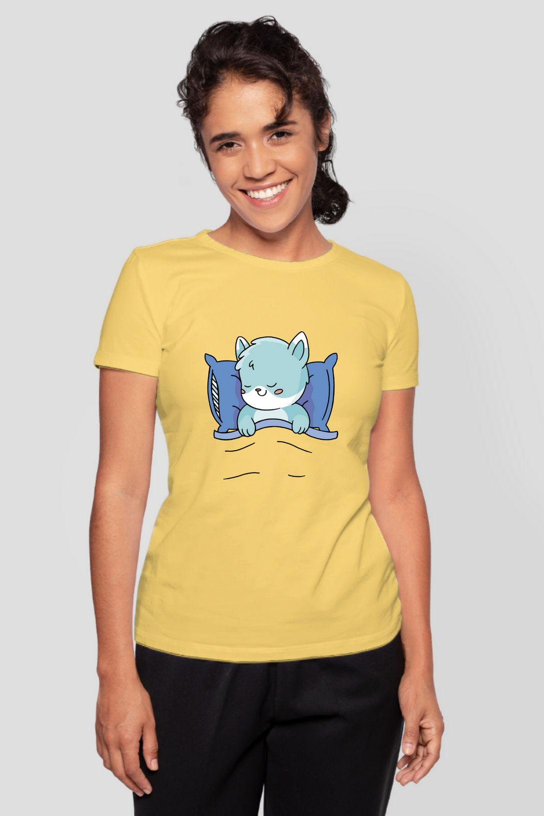 Cute Sleeping Cat Printed T-Shirt For Women - WowWaves - 10
