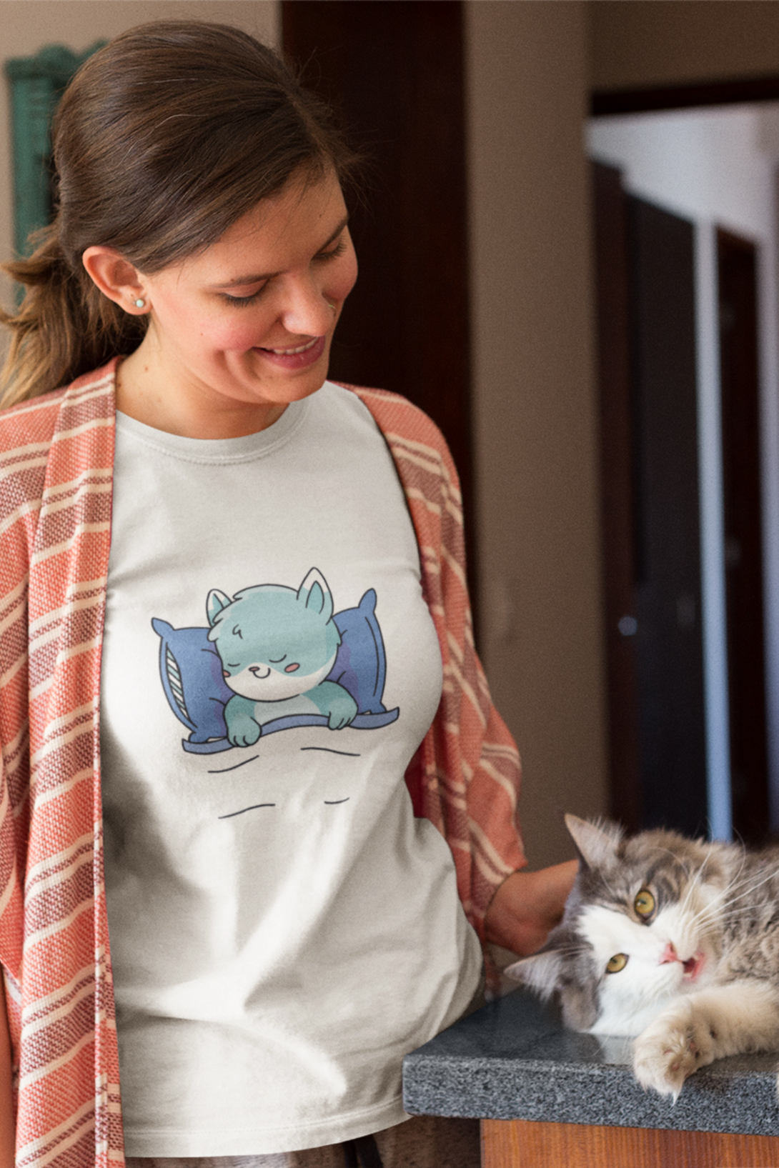 Cute Sleeping Cat Printed T-Shirt For Women - WowWaves - 2
