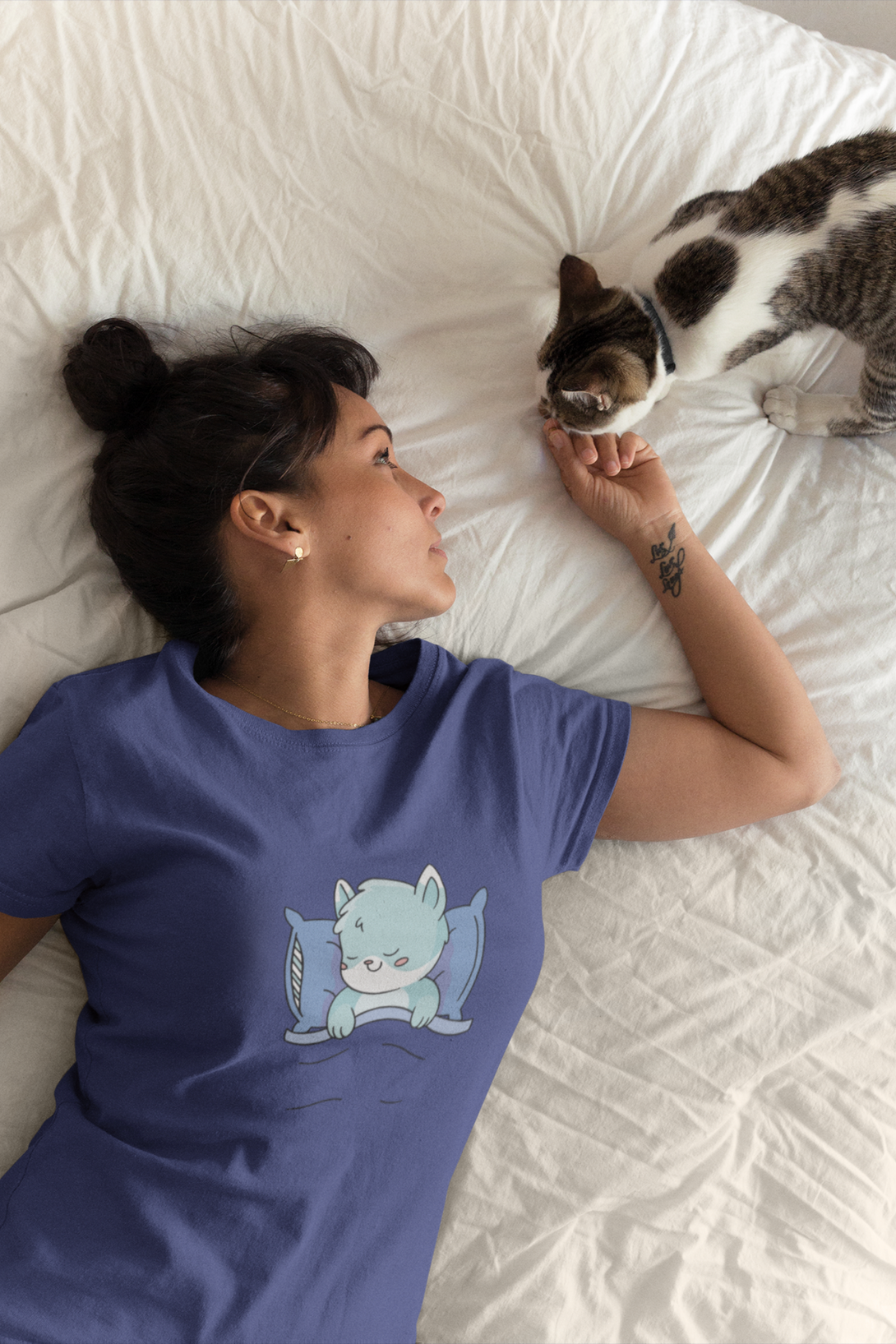 Cute Sleeping Cat Printed T-Shirt For Women - WowWaves - 4