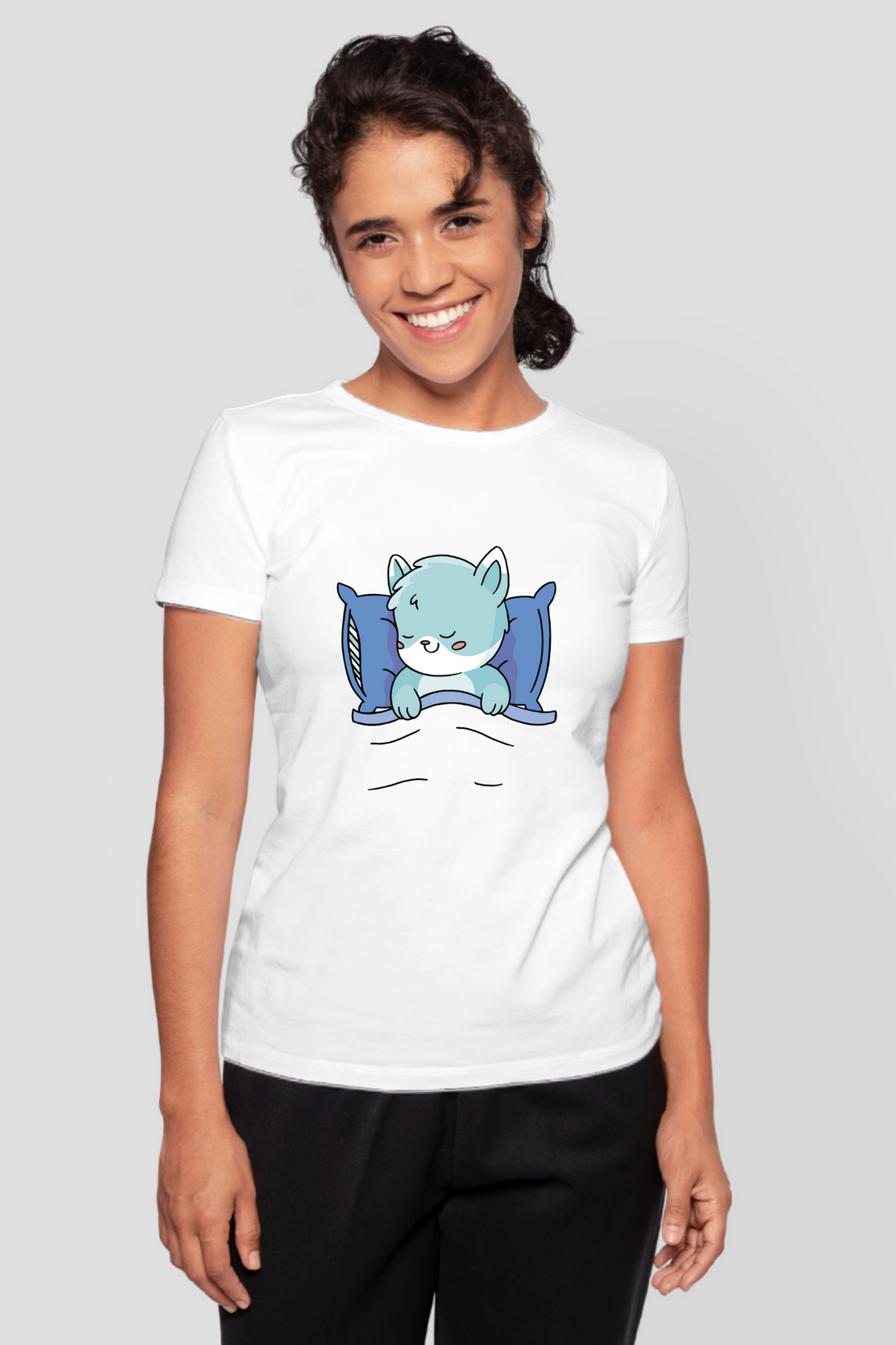 Cute Sleeping Cat Printed T-Shirt For Women - WowWaves - 7