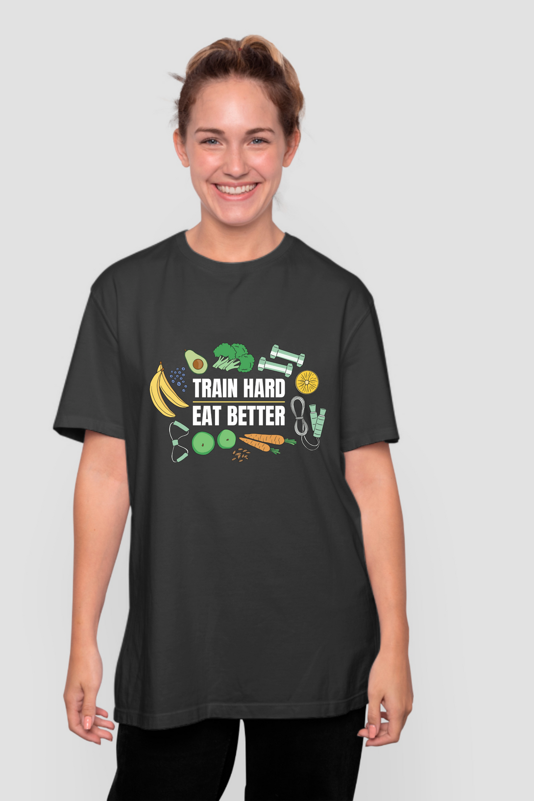 Train Hard, Eat Better Printed Oversized T-Shirt For Women - WowWaves - 8