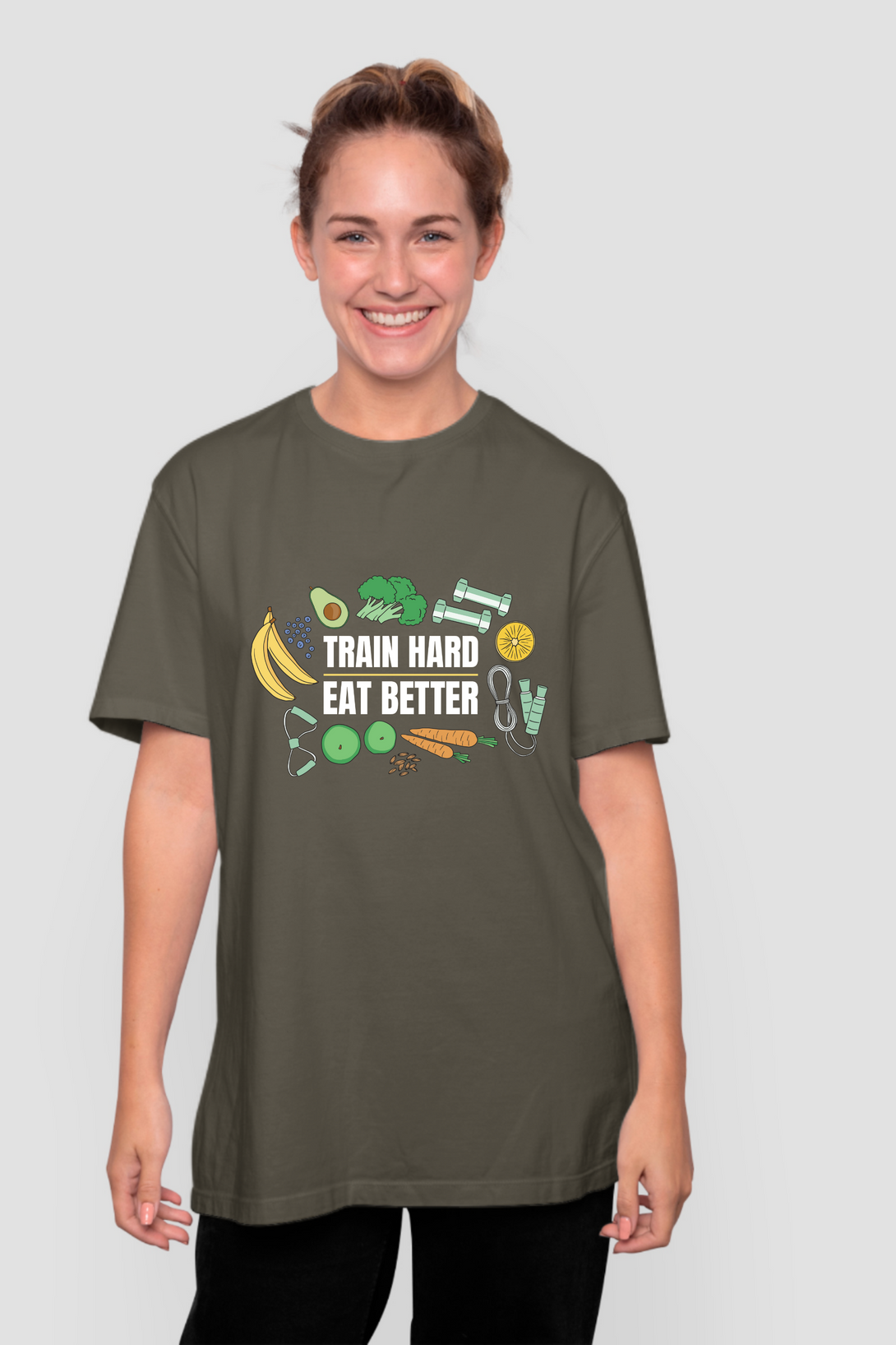 Train Hard, Eat Better Printed Oversized T-Shirt For Women - WowWaves - 9