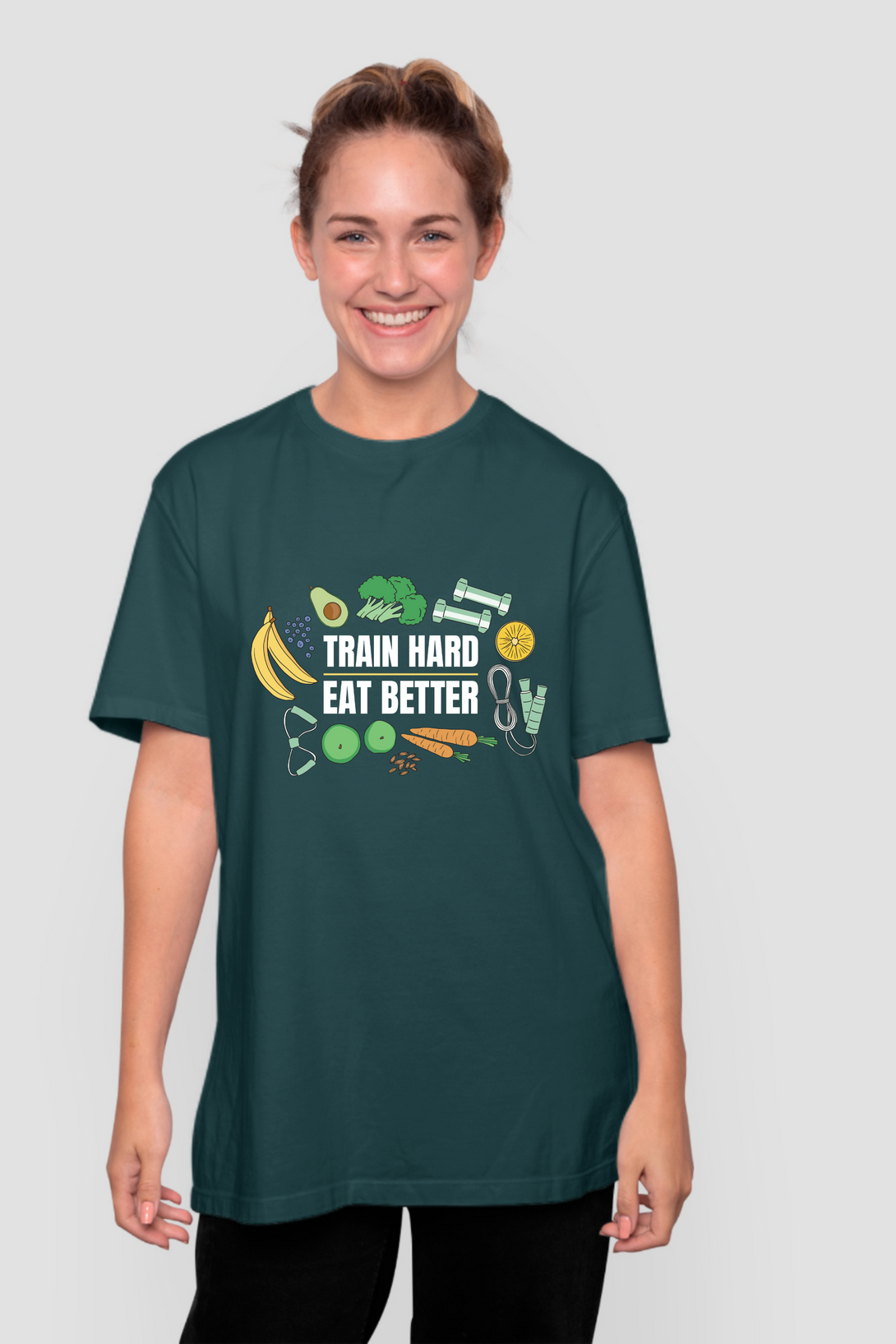 Train Hard, Eat Better Printed Oversized T-Shirt For Women - WowWaves - 7