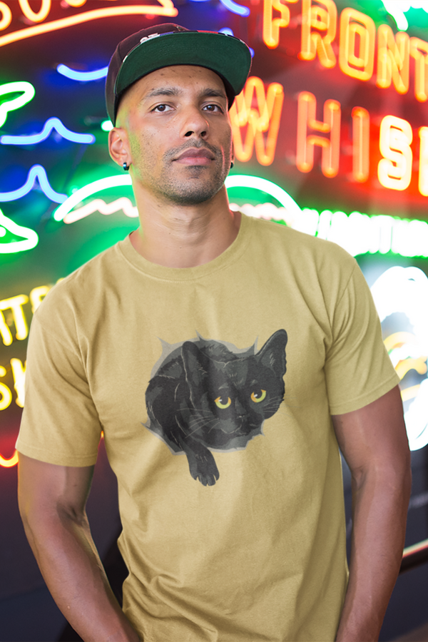 Emerging Black Cat Printed T-Shirt For Men - WowWaves