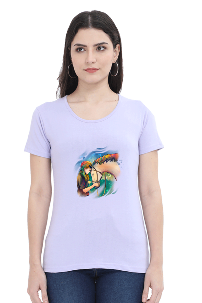 Colorful Horse Printed Scoop Neck T-Shirt For Women - WowWaves - 7