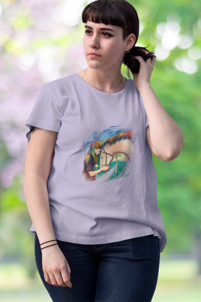 Colorful Horse Printed Scoop Neck T-Shirt For Women - WowWaves - 6