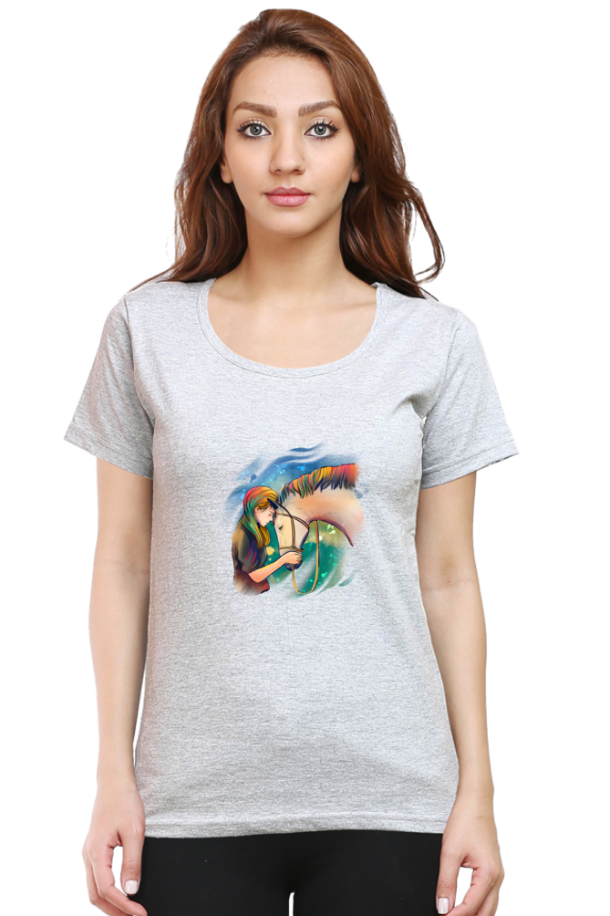 Colorful Horse Printed Scoop Neck T-Shirt For Women - WowWaves - 9