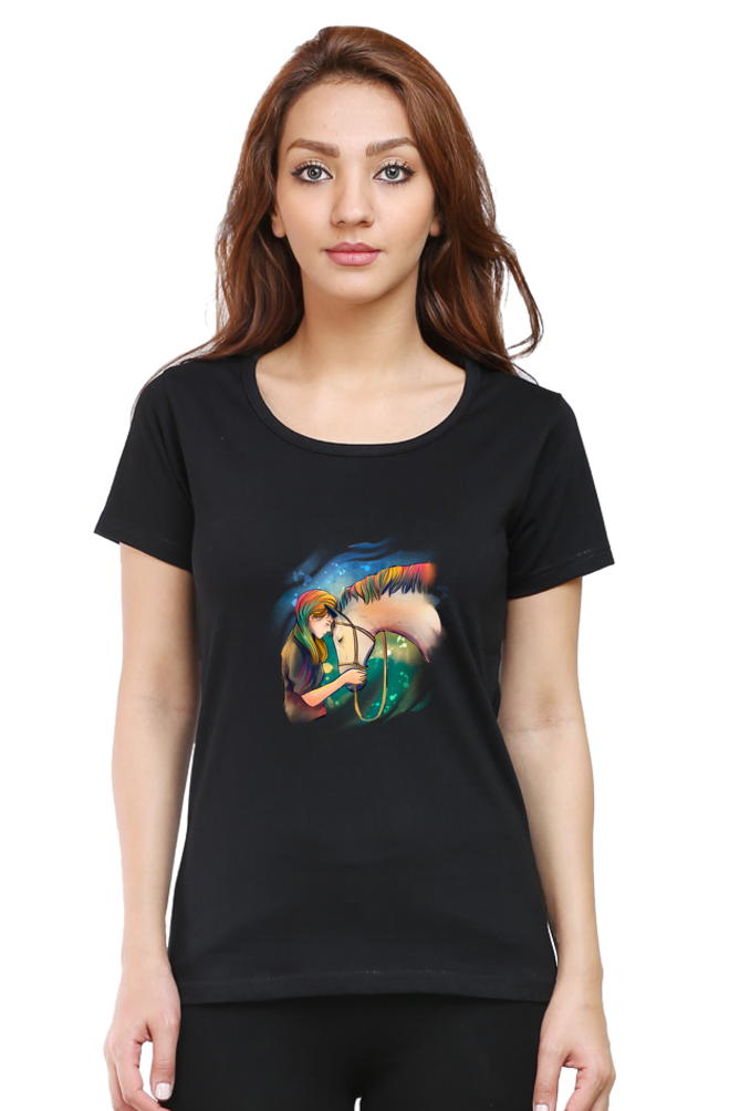Colorful Horse Printed Scoop Neck T-Shirt For Women - WowWaves - 8