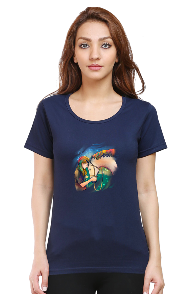 Colorful Horse Printed Scoop Neck T-Shirt For Women - WowWaves - 12