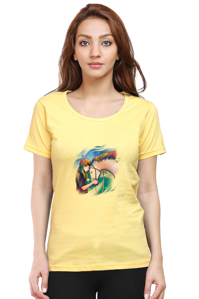 Colorful Horse Printed Scoop Neck T-Shirt For Women - WowWaves - 10