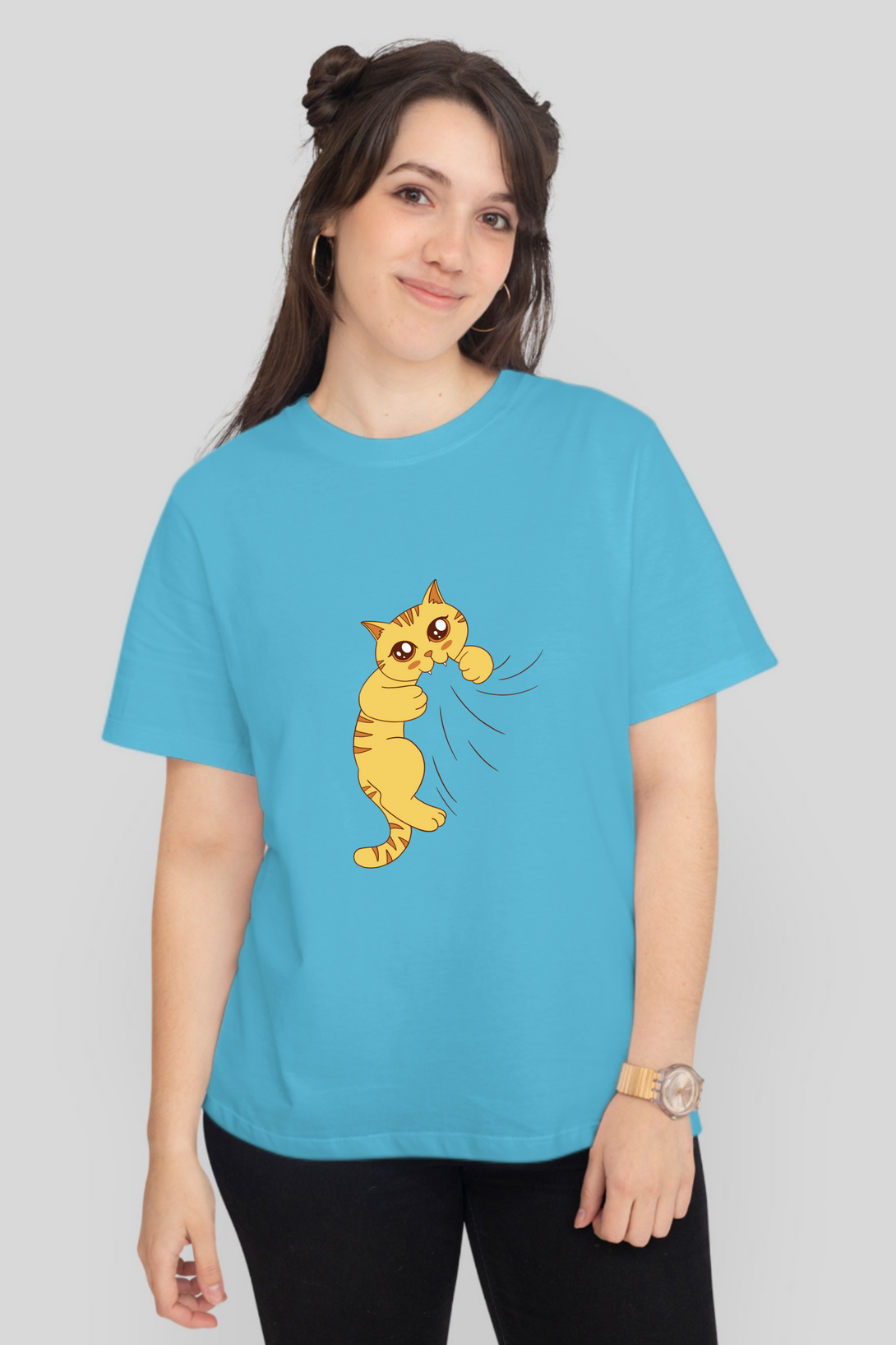 Cat Biting Printed T-Shirt For Women - WowWaves - 8