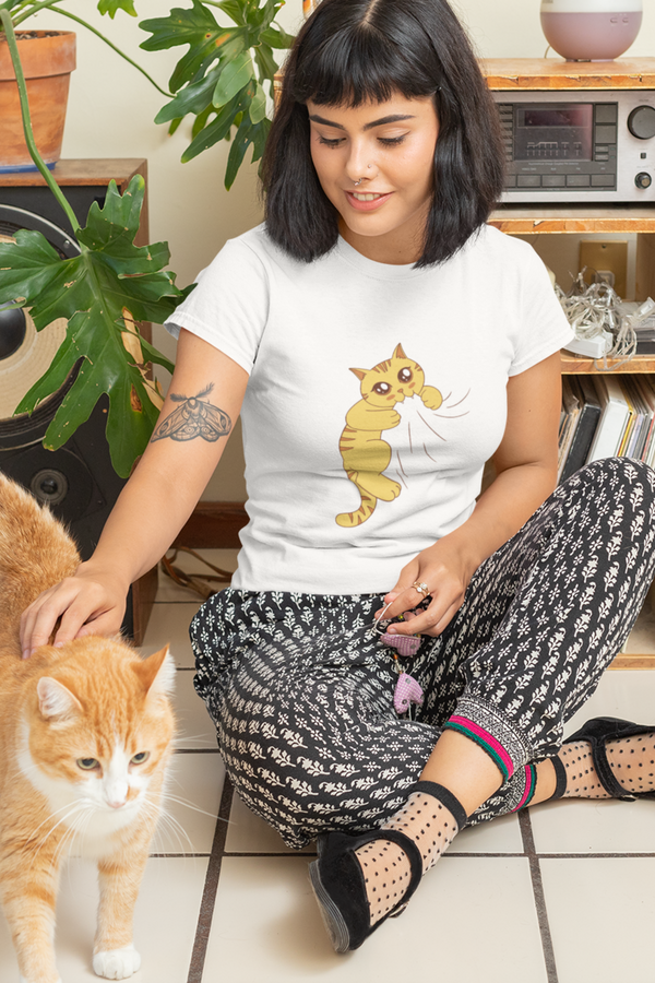 Cat Biting Printed T-Shirt For Women - WowWaves