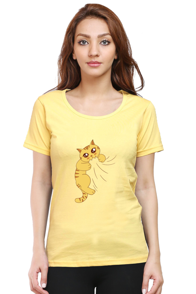 Cat Biting Printed Scoop Neck T-Shirt For Women - WowWaves - 11