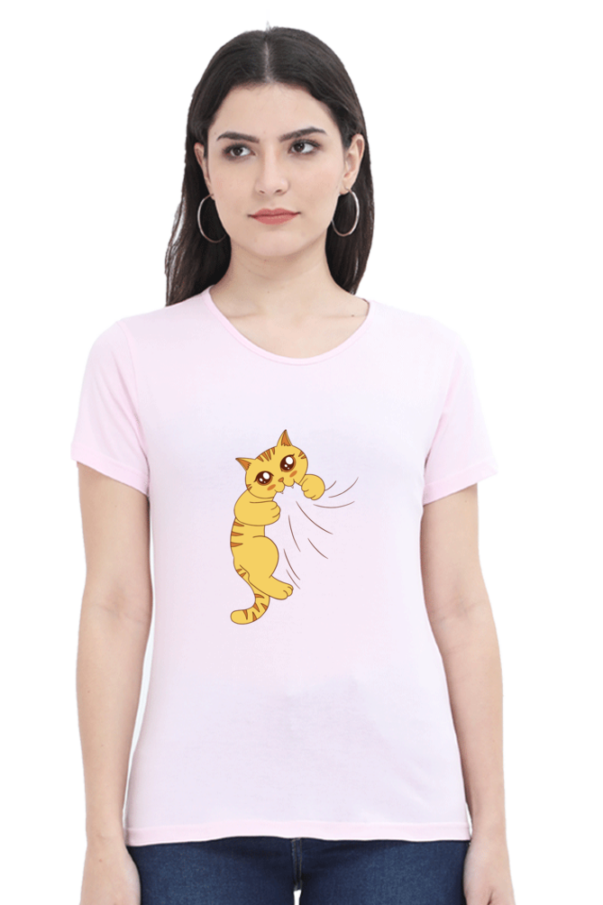 Cat Biting Printed Scoop Neck T-Shirt For Women - WowWaves - 13