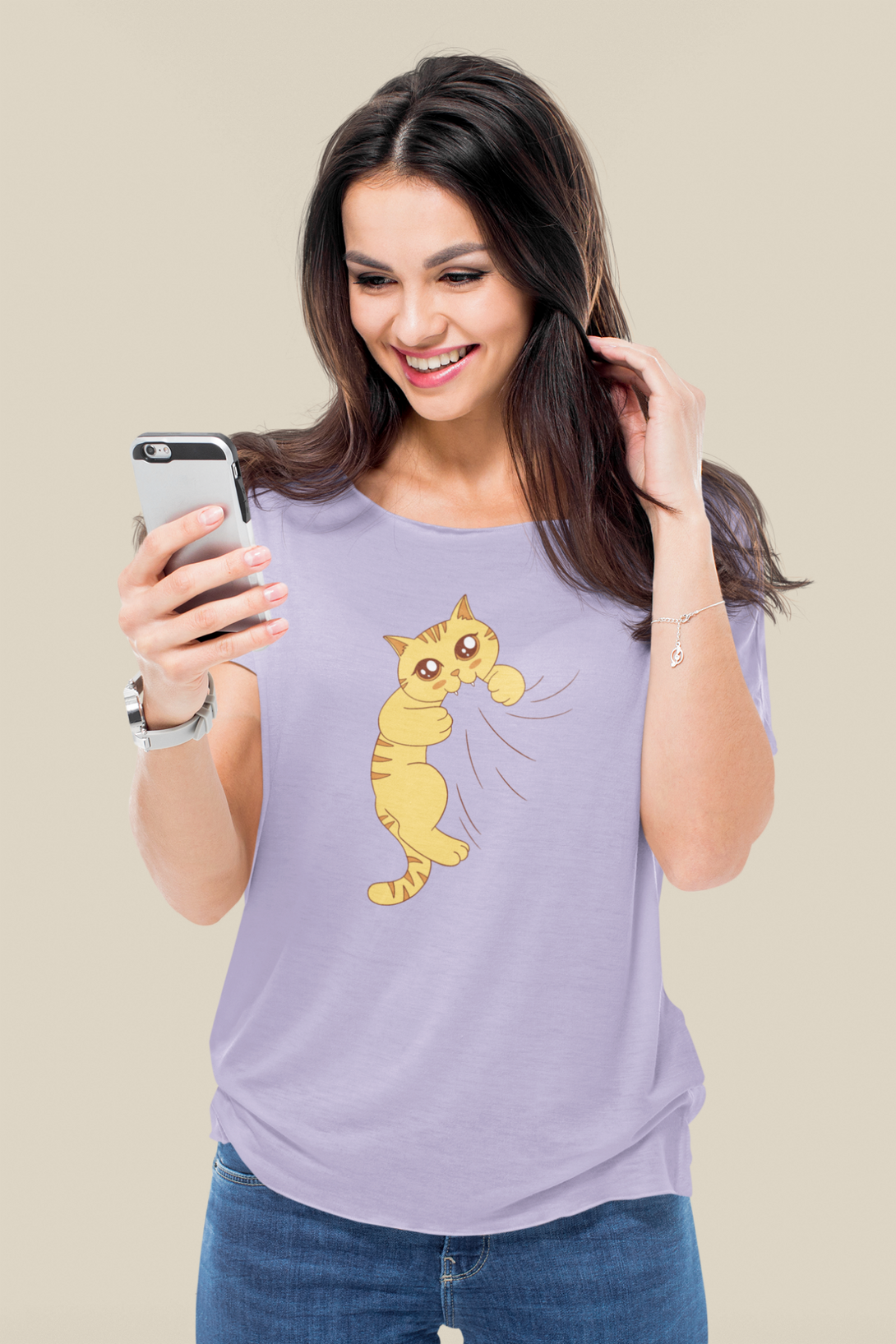 Cat Biting Printed Scoop Neck T-Shirt For Women - WowWaves - 8