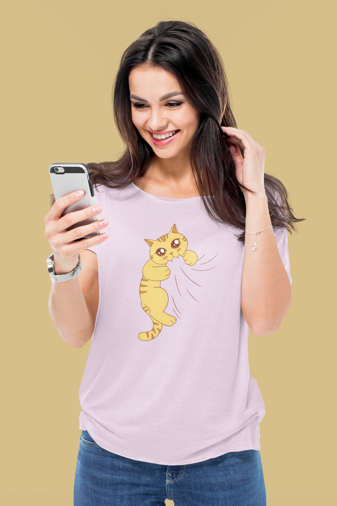 Cat Biting Printed Scoop Neck T-Shirt For Women - WowWaves - 6