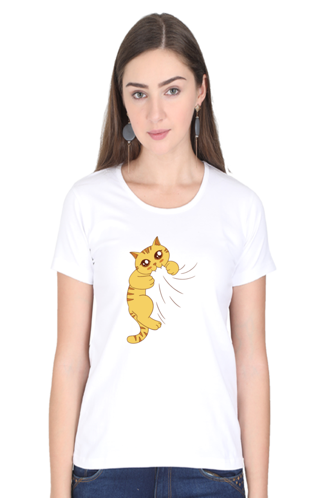 Cat Biting Printed Scoop Neck T-Shirt For Women - WowWaves - 12