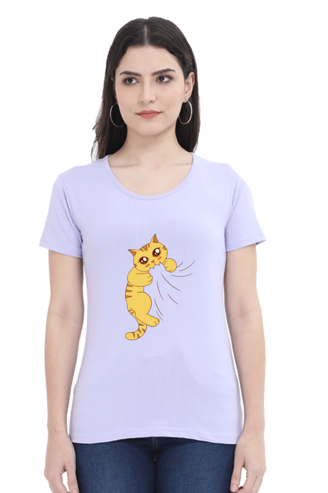 Cat Biting Printed Scoop Neck T-Shirt For Women - WowWaves - 9