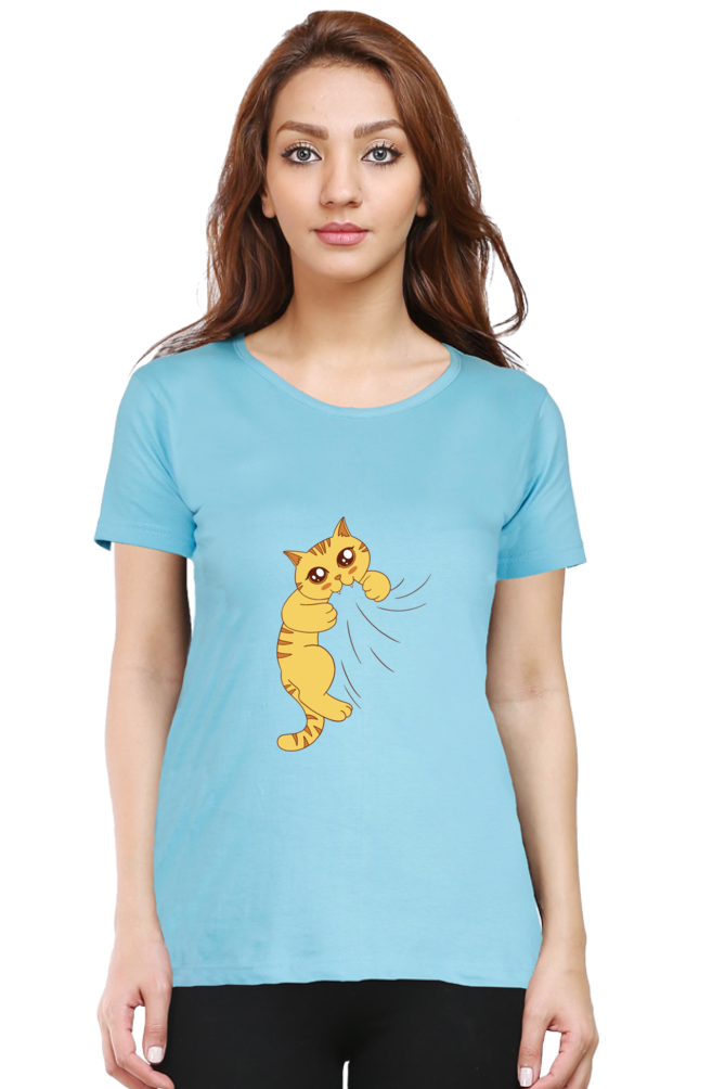 Cat Biting Printed Scoop Neck T-Shirt For Women - WowWaves - 10