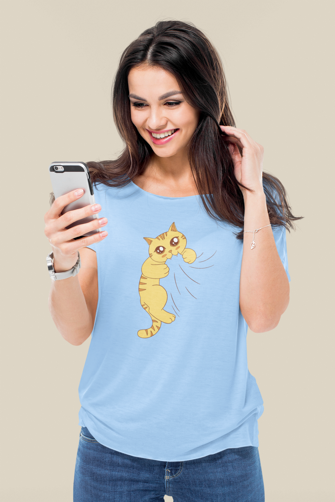 Cat Biting Printed Scoop Neck T-Shirt For Women - WowWaves - 7
