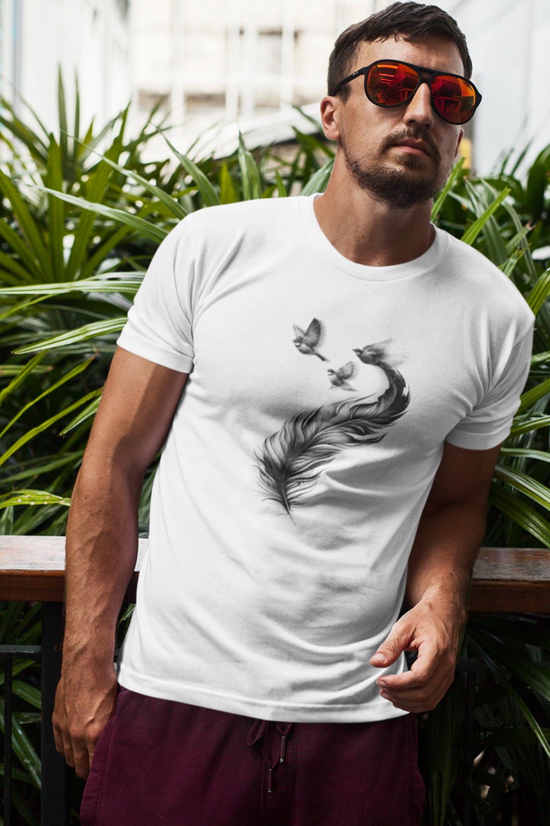 Feather With Birds Printed T-Shirt For Men - WowWaves - 2