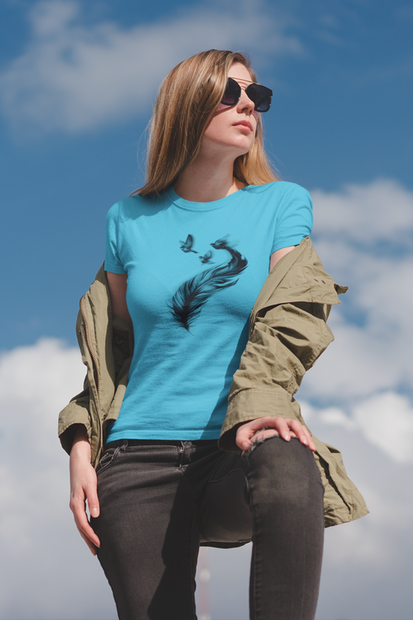 Feather With Birds Printed T-Shirt For Women - WowWaves
