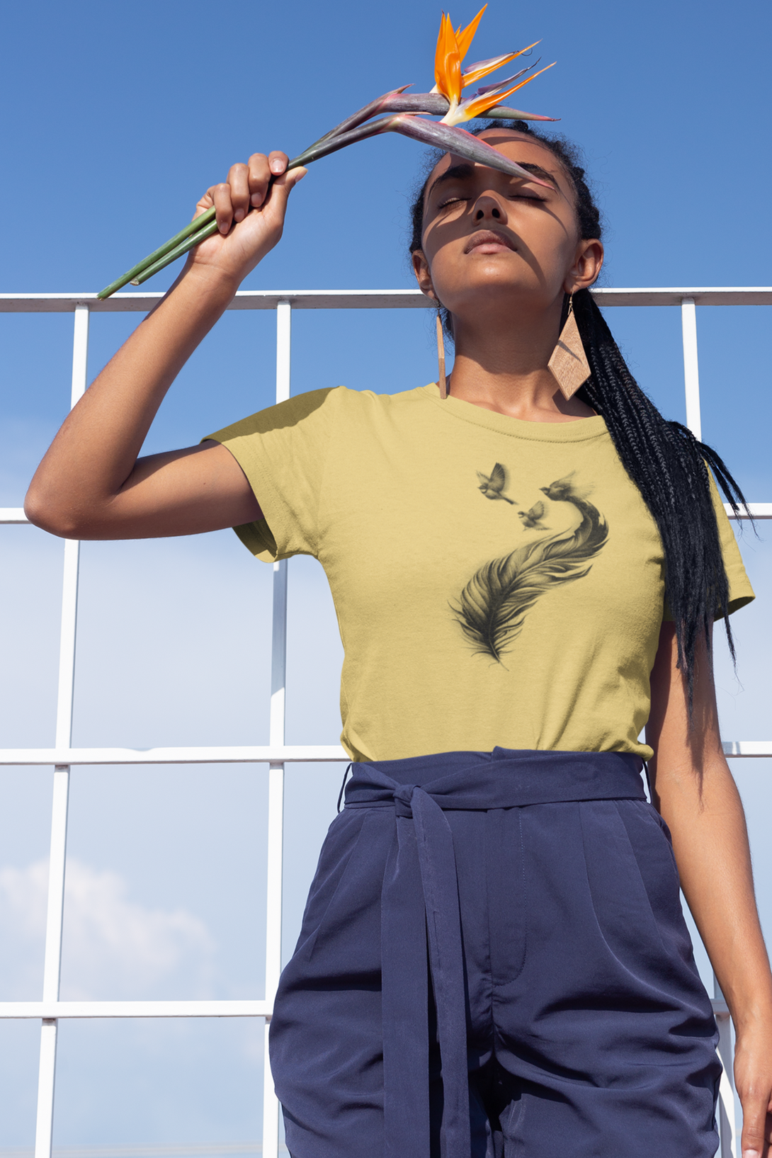 Feather With Birds Printed T-Shirt For Women - WowWaves - 4