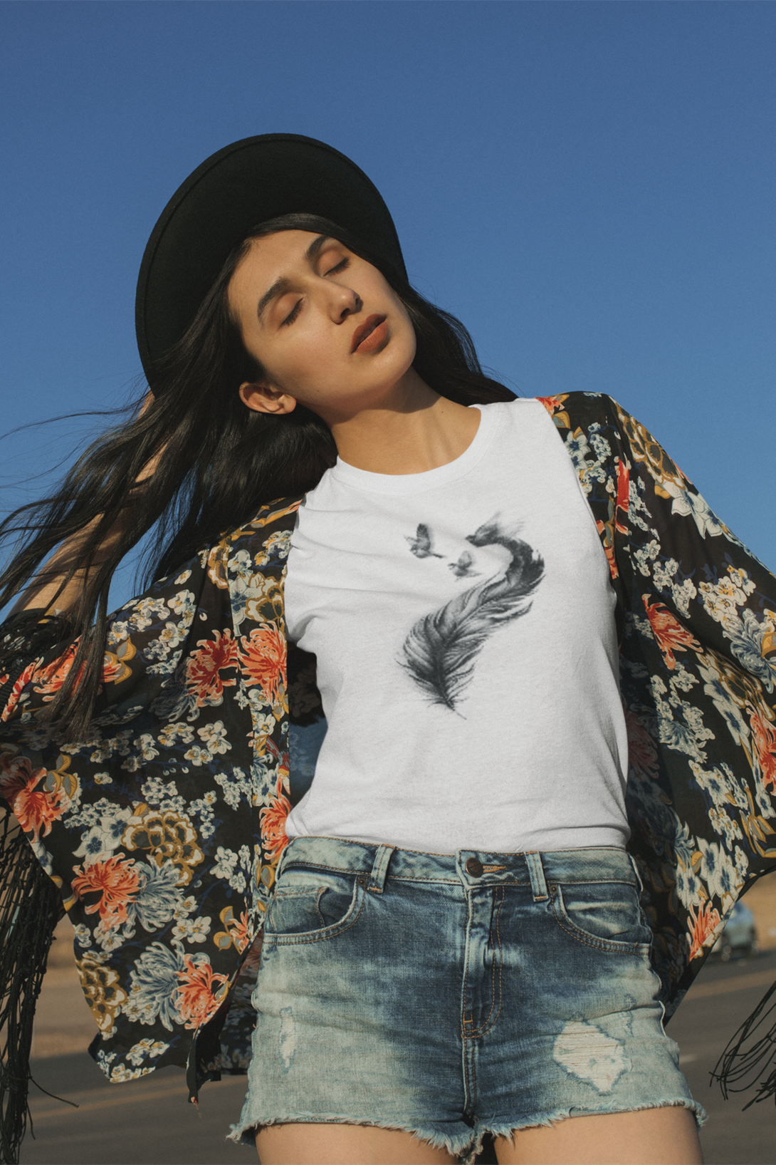 Feather With Birds Printed T-Shirt For Women - WowWaves - 5
