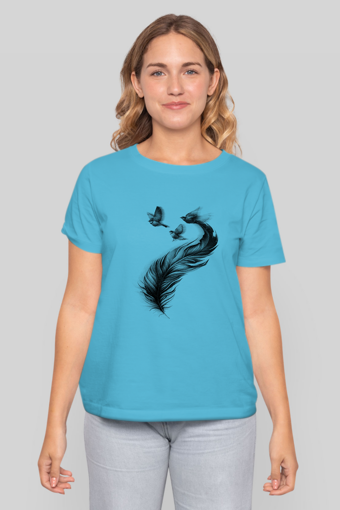 Feather With Birds Printed T-Shirt For Women - WowWaves - 9