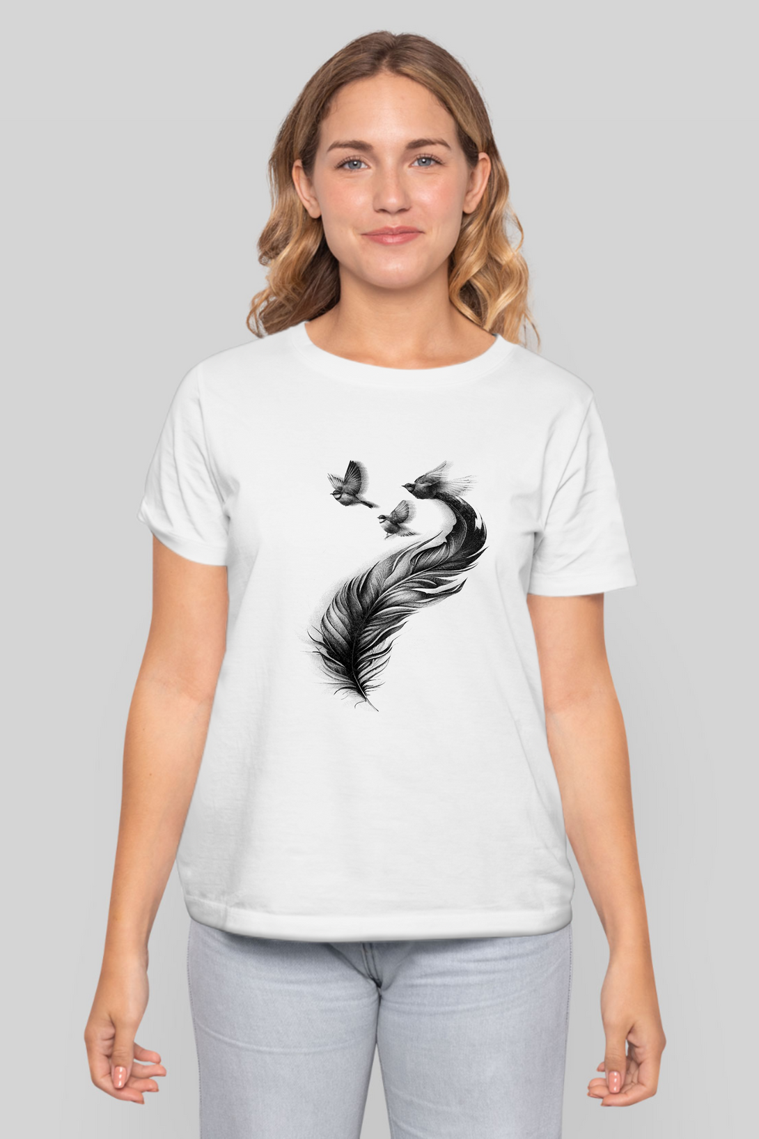 Feather With Birds Printed T-Shirt For Women - WowWaves - 8