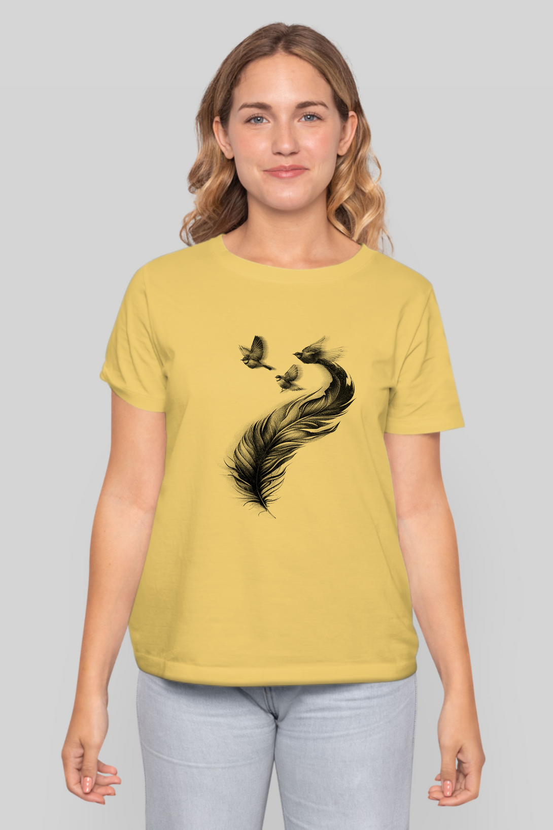 Feather With Birds Printed T-Shirt For Women - WowWaves - 7