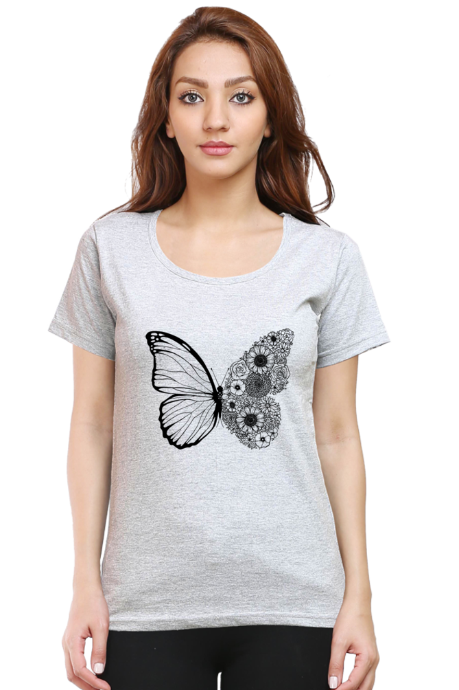 Floral Butterfly Printed Scoop Neck T-Shirt For Women - WowWaves - 8