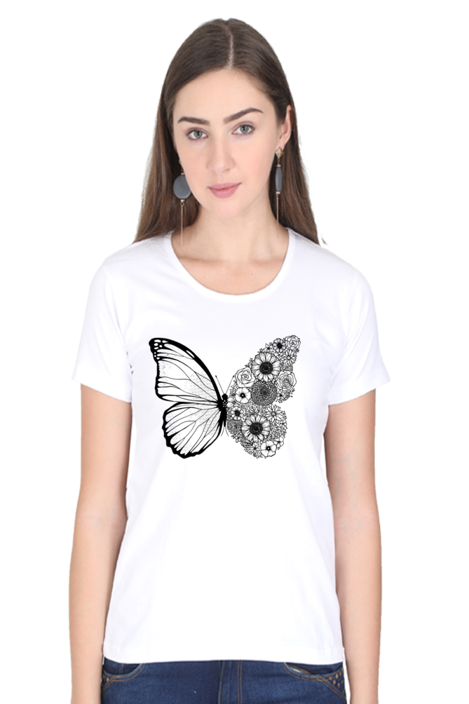 Floral Butterfly Printed Scoop Neck T-Shirt For Women - WowWaves - 9