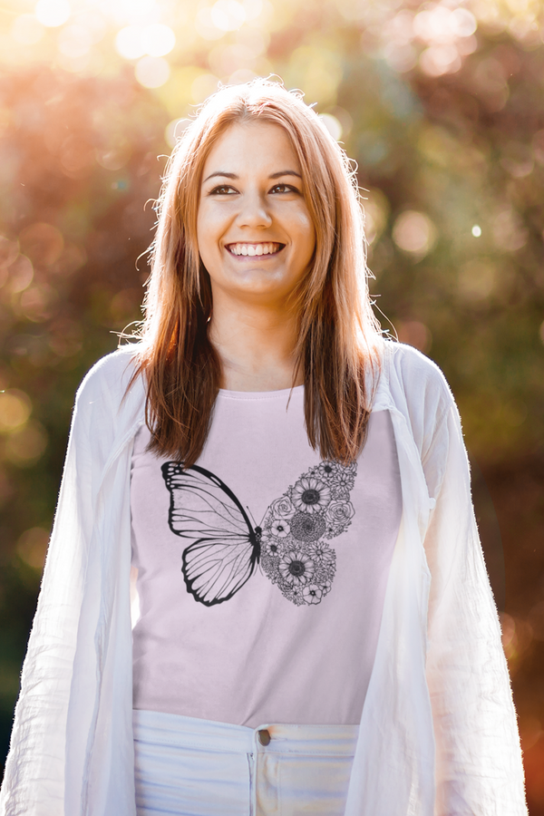 Floral Butterfly Printed Scoop Neck T-Shirt For Women - WowWaves